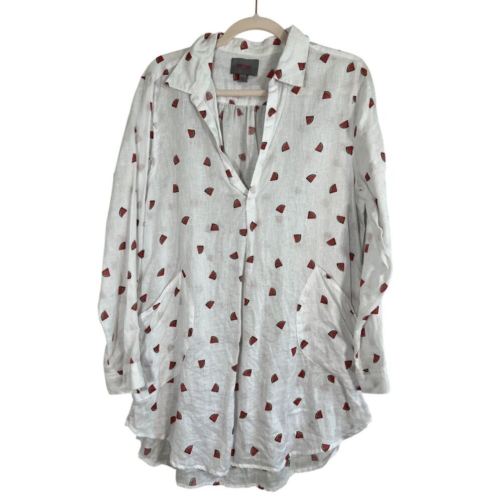 Retro Watermelon Linen Tunic White L Neutral Preppy Classic Chic